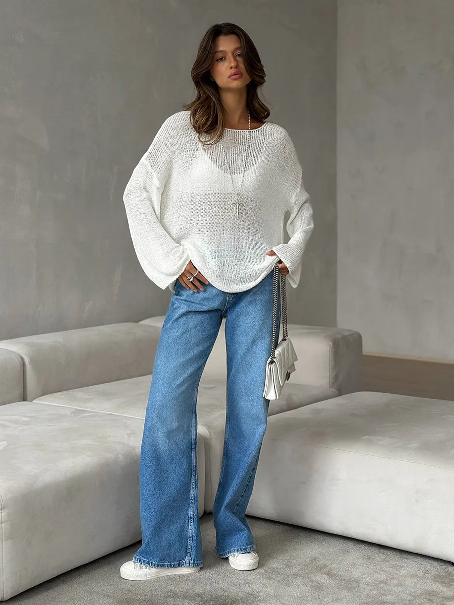 Bornladies Simple Solid Color Long Sleeved Sweater Women's Spring Knitted Hollow Top Loose Versatile Casual Sweater Pullovers