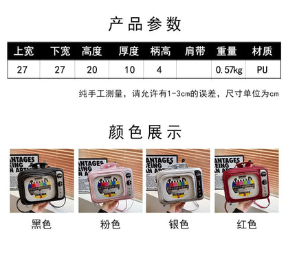 Cartoon Cute Handbags for Women Funny Retro TV Transparent Square Bag Fashion Leather Personalized Creative Shoulder Bag Woman