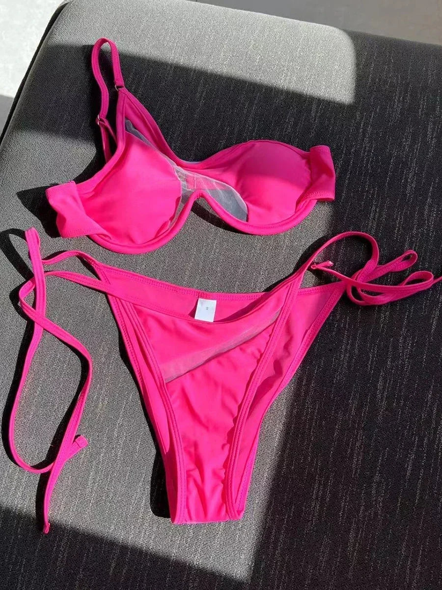 Splicing Mesh One Shoulder Underwire V-bar Bikini Women Swimsuit Female Swimwear Two pieces Bikini set Push Up Bathing suit Swim