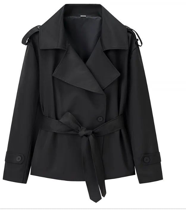 Solid Lapel Belted Windbreaker Chic Full Sleeve Button Loose Long Coat For Women 2025 New Office Lady Daily Commute Overcoats