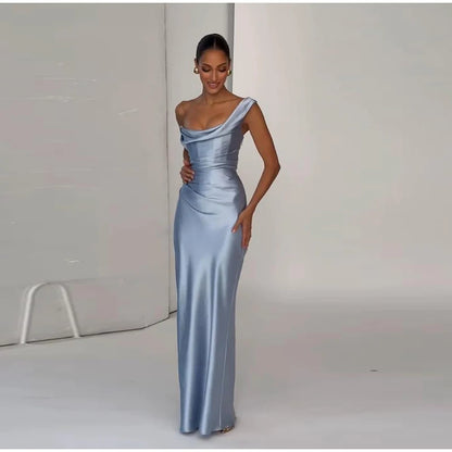 One Shoulder Satin Women 's Maxi Dress Cowl Neck Ruched Waist Bodycon Dresses 2026 Summer Woman Formal Evening Party Vestidos