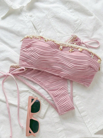 XS - XL Bandeau Wrinkled High Cut Bikini Women Swimwear Female Swimsuit Two-pieces Bikini Set Shell Bather Bathing Suit Swim