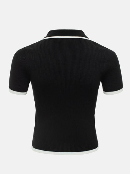 Tossy Knit Sweater Pullover Women Short Sleeve Patchwork Slim Lapel Elegant Contrast Knitwear Top Female Skinny Ribbed Pullover