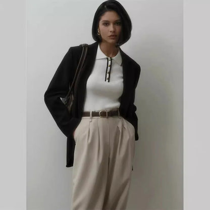 Tossy Knit Sweater Pullover Women Short Sleeve Patchwork Slim Lapel Elegant Contrast Knitwear Top Female Skinny Ribbed Pullover