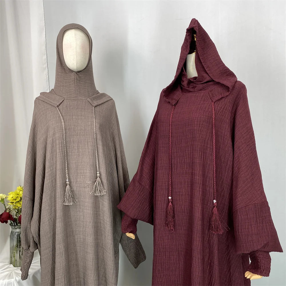 Hot Seller Ramadan Islamic Clothing Wrinkle Polyester Hoodie Abaya Dress With Undercap Muslim Women Abaya Hoodie Causal Dresses