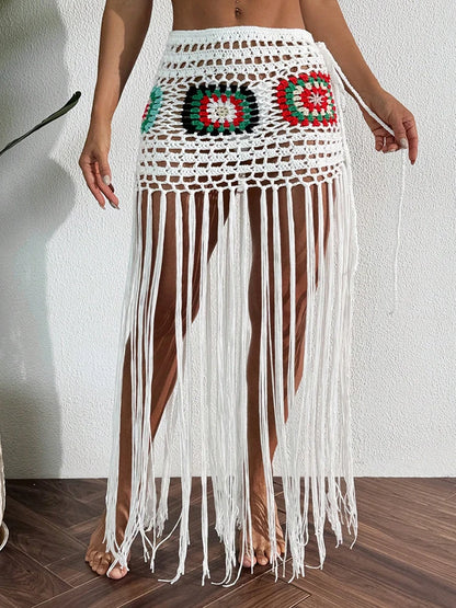 Crochet Tassel Bikini Cover Up Dress Beach Wear Women Tie Up Bather Bathing Suit Tassel Long Skirt Swimsuit Cover Up Beach Dress