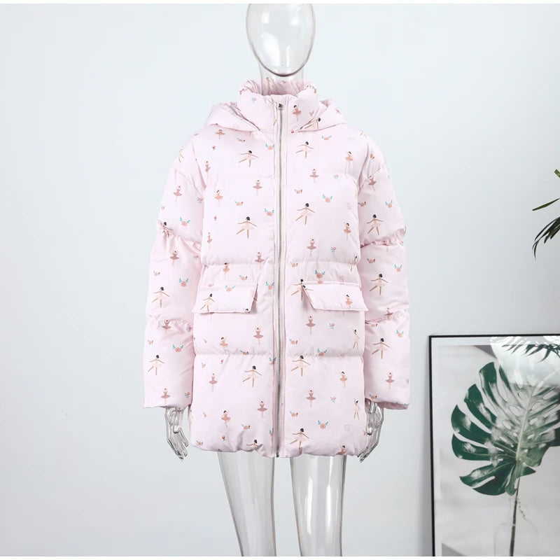 Printed Hooded Puffy Cotton Jacket Women Stand Collar Long Sleeve Zipper Loose Padded Coats 2025 Winter Lady Warm Outwear Street