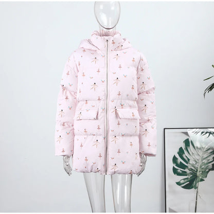 Printed Hooded Puffy Cotton Jacket Women Stand Collar Long Sleeve Zipper Loose Padded Coats 2025 Winter Lady Warm Outwear Street