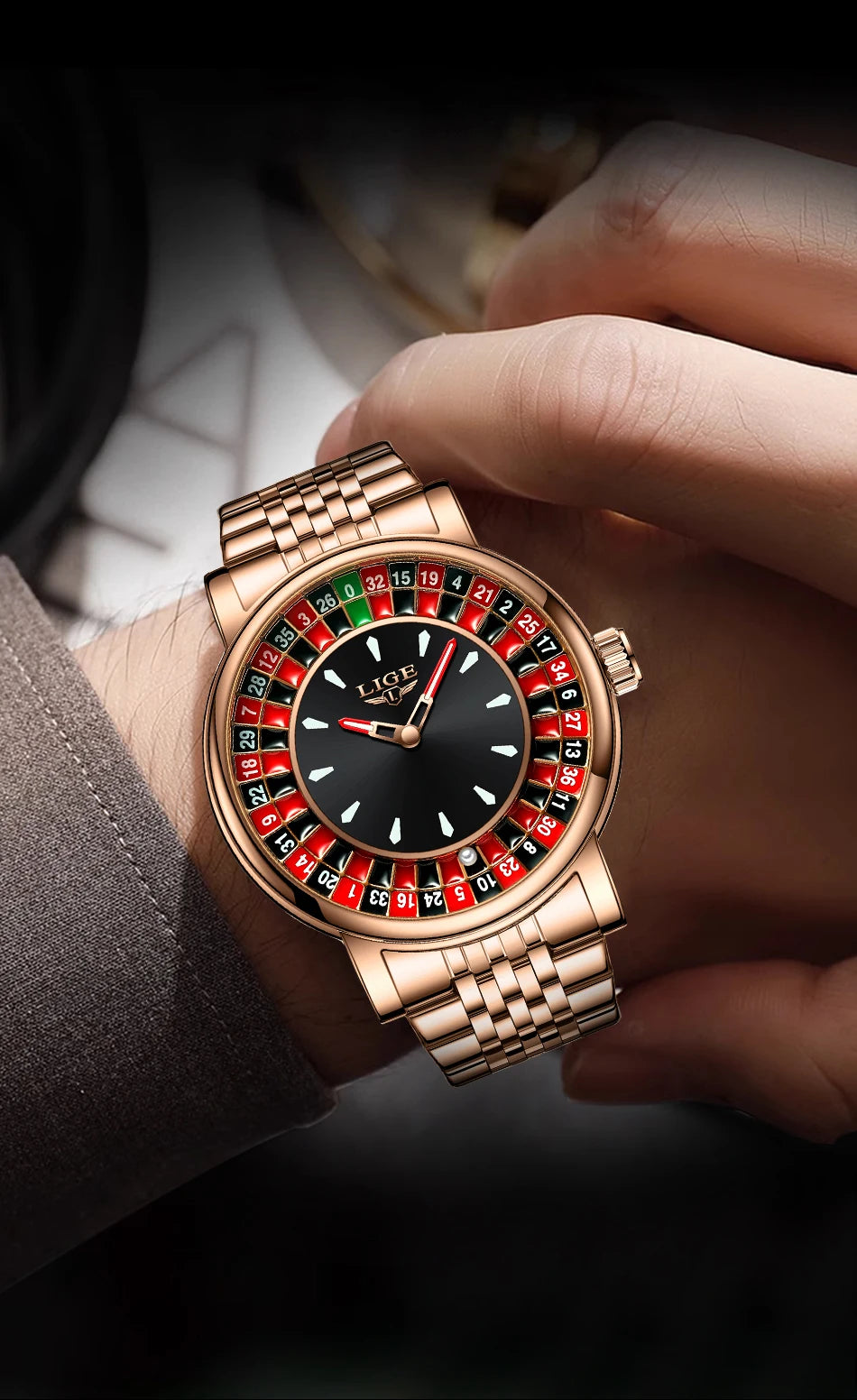 LIGE Quartz Man Watch Fashion Luxury Creative Roulette Game Dial Design Leather Casual Life Waterproof Watches for Men Gifts+Box