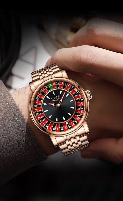 LIGE Quartz Man Watch Fashion Luxury Creative Roulette Game Dial Design Leather Casual Life Waterproof Watches for Men Gifts+Box