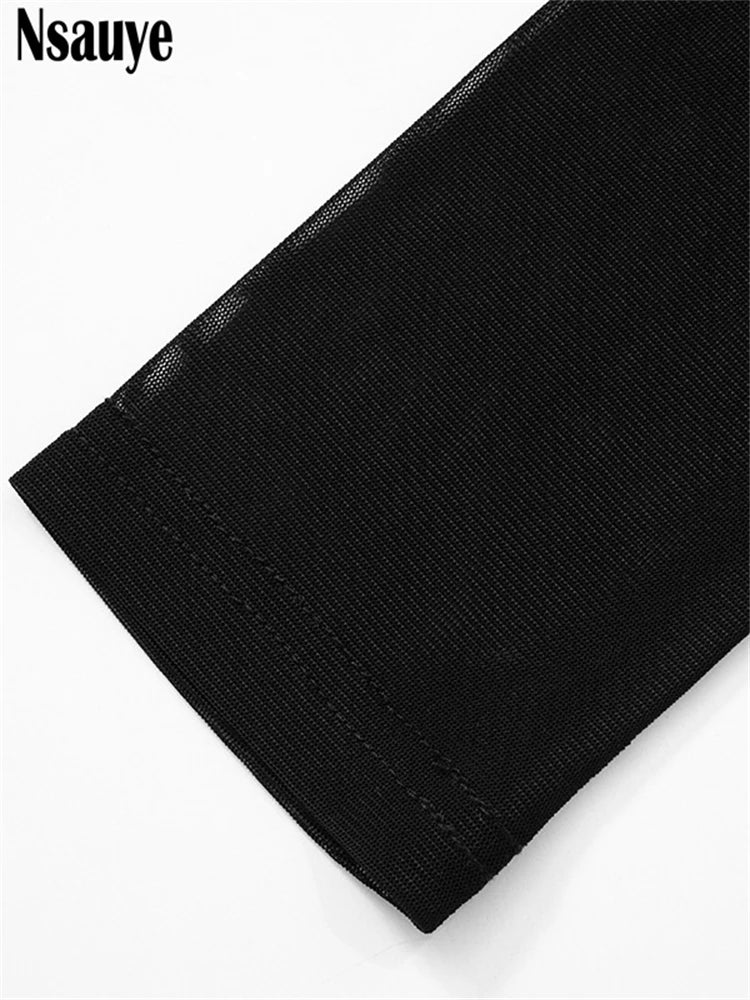 Nsauye Pullover Sexy Women Mesh Turtleneck Long Sleeve Satin Cut Out Dress Bodycon Short Club Evening Fashion Party Dress 2024