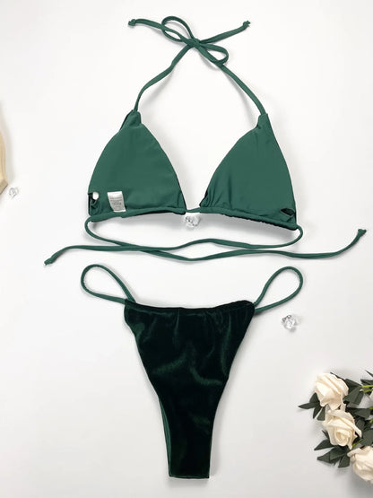 Sexy Velvet Swimsuit for Women, Micro Bikini Set, Thong Swim Suit, 2 Piece Bathing Suit for Ladies, Green String Bikini, 2022