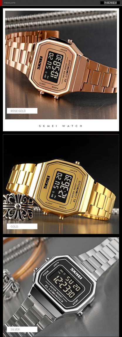 SKMEI 1647 Casual Simple Mens Wristwatches Stainless Steel Band Waterproof Watch Men reloj hombre Retro LED Digital Male Watches