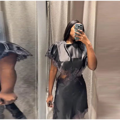 Sexy Lace Patchwork Waist Revealing Dress Women Fashion O-neck Short Sleeve High Waist Slim Dresses Female New Chic Casual Robe