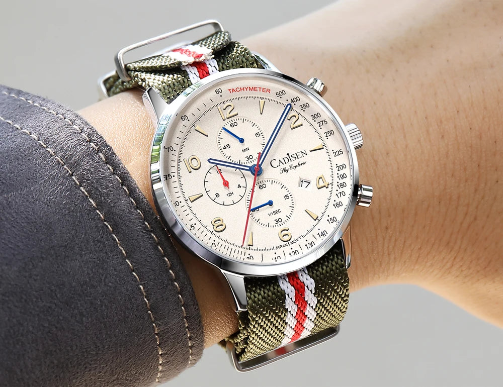 CADISEN Men's Watches Luxury Quartz Watch For Men Japan MIYOTA 0S10 Movt Canvas Strap Chronograph Waterproof Men's Wristwatch