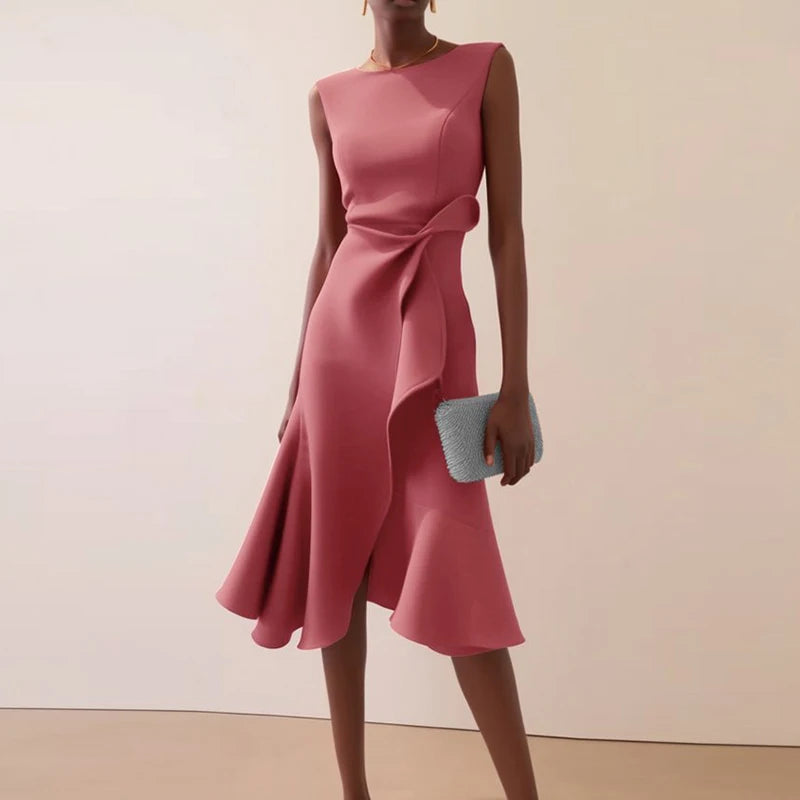 Women Crew Neck Ruffle Banquet Dress Elegant Spring Solid High Waist Slim Long Dress 2025 Summer Sleeveless A-Line Party Dresses