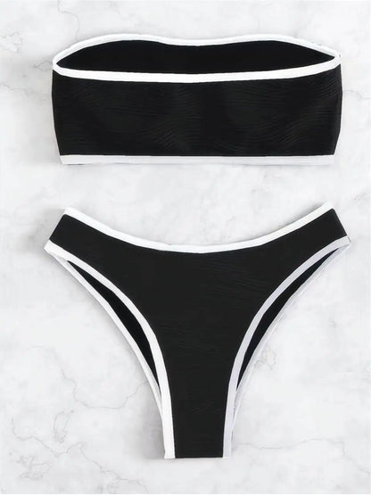 2026 Women Sexy Thong Swimsuit Push Up Swimwear Contrast Binding Bandeau Bikinis Female Bathing Suit Swimming Summer Beachwear