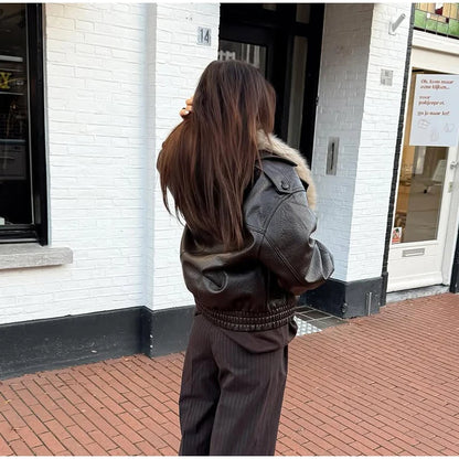 Brown Faux Fur Collar Leather Jacket Women Oversize Design Long Sleeve Coat 2025 Fashion Luxurious Versatile Bomber Outerwear