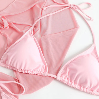 Women pink micro mini string bikini sets 4 pieces with mesh cover tops and skirt swimsuit bathing suit beach outfits biquini