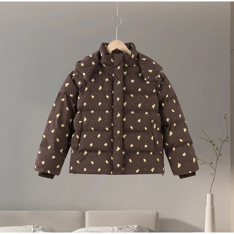 Printed Hooded Puffy Cotton Jacket Women Stand Collar Long Sleeve Zipper Loose Padded Coats 2025 Winter Lady Warm Outwear Street
