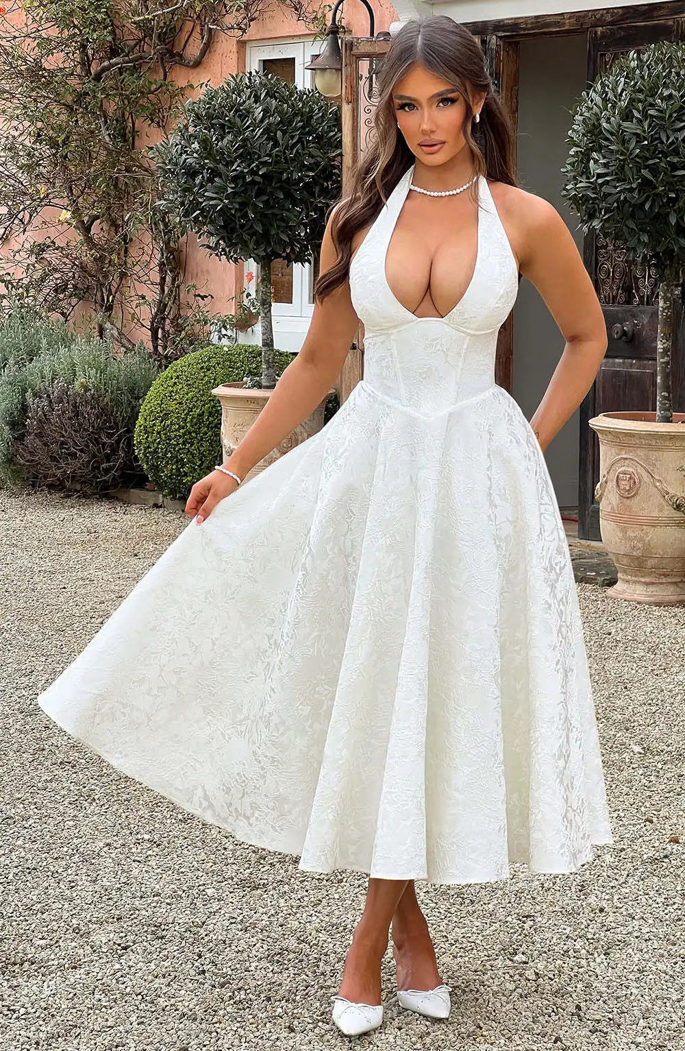 Solid Backless Lace Up A-line Dress Women Sleeveless Deep V-neck High Waist Pleated Midi Dresses Lady Evening Party Robes 2026
