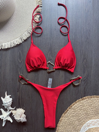 Sexy Solid Color Halter Lace-up Low Waist Bikini Set Women's Two Pieces Triangle Thong Swimsuit Bathing Suit Brazilian Biquinis