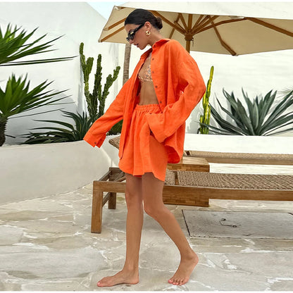 Casual Cotton Linen Pants Suit Women Solid Cozy Lapel Single Breasted Shirt Elastic Waist Wide Leg Pant 2026 Summer Loose Outfit