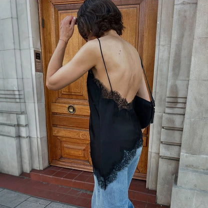 Linad Sexy Black Backless Lace Camisole Women Street Chic Spaghetti Strap Tops Female Casual Patchwork Silk Vest Female 2025