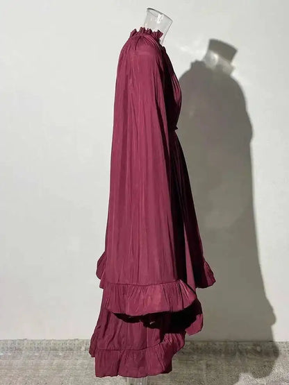 IEQJ Elegant Big Swing Irregular Ruffles Party Maxi Dresses For Women Cloak Sleeves Spliced Lace Up Pleated Dress 2025 New