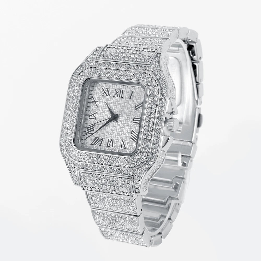 Luxury Moissanite Iced Out Watches Hip Hop Bust Down Unisex Diamond Watch, Stainless Steel Moissanite Studded Wrist Watch