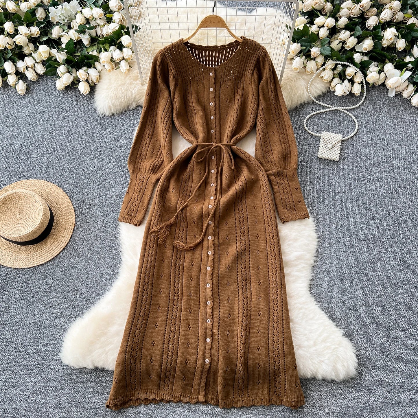 Women's Solid Single Breasted Hollow Out Knit Lace-up Dress Autumn Fashion Round Neck Elegant Festival Sweater Long Dresses 2024