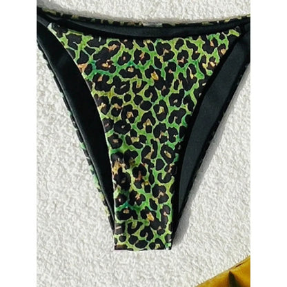 Sexy Leopard Print Two Piece Swimsuit Set Triangle Bra Suspender Halter Backless Bikini Set Beach Vacation Lace-up Swimwear 2025