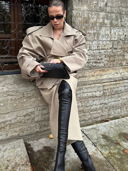 Solid Lapel Lace Up Jacket Elegant Chic Full Sleeve Button Loose Long Coat For Women Office Lady Daily Commute Overcoat 2026 New