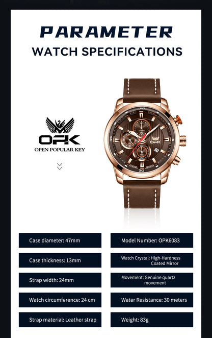 OPK 6083 Men's Quartz Watch Leathar Strap Luxury Luminous 30m Waterproof Modern Business Watches For Men