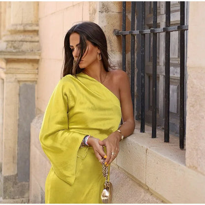 Sexy Women One Shoulder Long Sleeve Dresses Elegant Backless Split Side Slit Bodycon Dress 2023 Fashion Pleated Ladies Robe