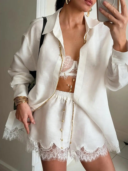 Solid Lapel Lace Patchwork Half Sleeve Shorts Set Women Chic Single Breasted Tops Pockets Pants Suits 2026 Daily Street Outfits