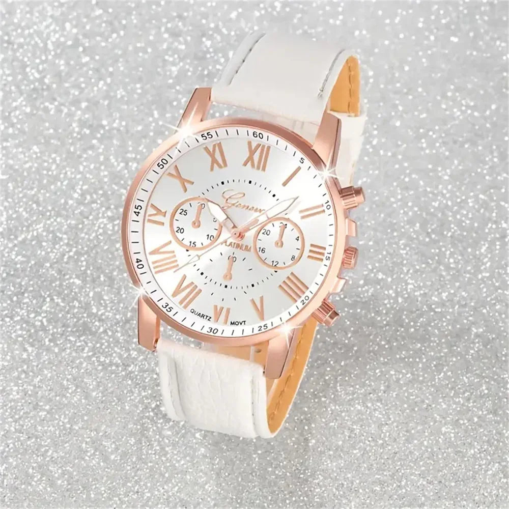 5PCS Women's Watches Fashion Roma Dial Leather Band Quartz Watch（Without Box