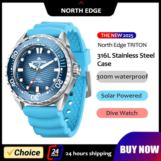 NORTH EDGE 2025 New TRITON Solar Powered Dive Watch Men Luxury Quartz Watches For Men 316L Stainless Steel Case Waterproof 300M