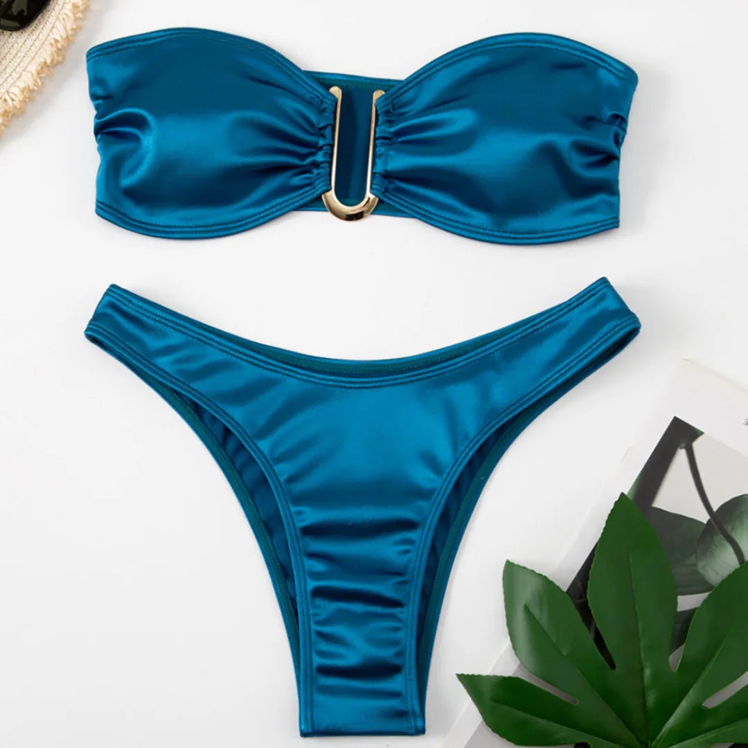 New Sexy Bandeau Strapless Bikini Female Swimsuit Women Swimwear Two-pieces Bikini set Padded Bather Bathing Suit Swim V4647D
