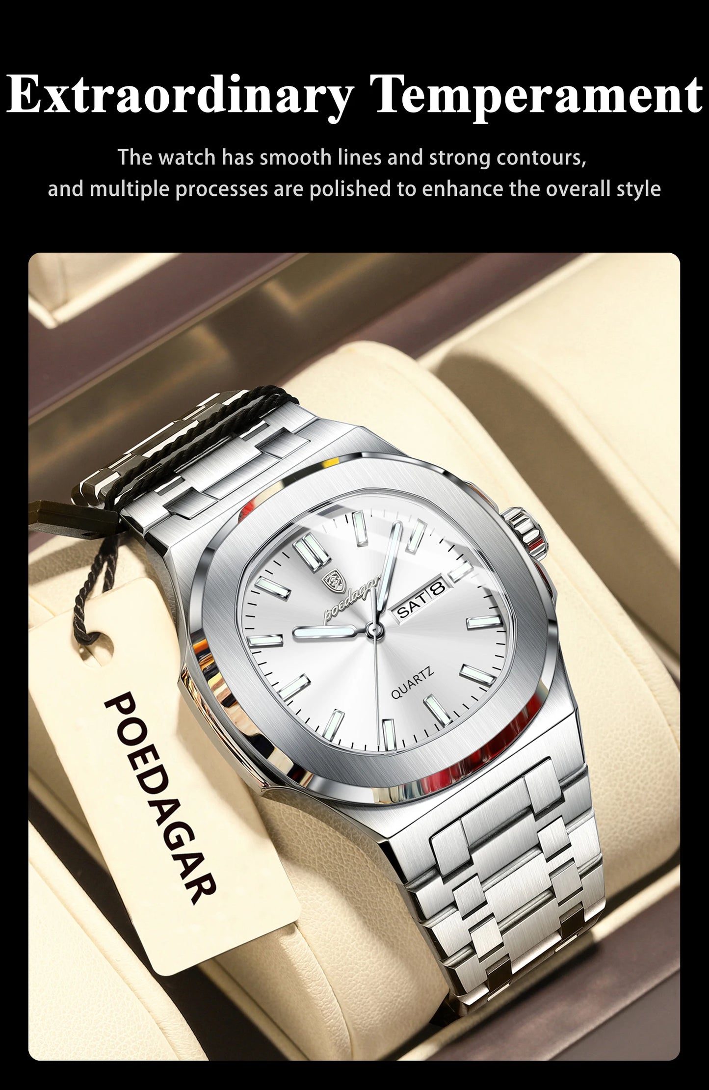 POEDAGAR Classic Square Men Wristwatch Waterproof Luminous Date Week Casual Man Clock Stainless Steel Men's Quartz Watches Reloj