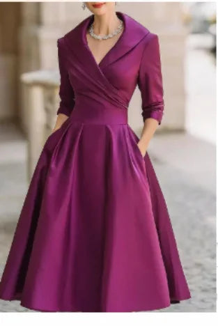 Office Lady Slim A-Line Dress Women 2025 Autumn Winter Fashion Long Sleeve Turn-down Collar Maxi Dresses Elegant Vestidos