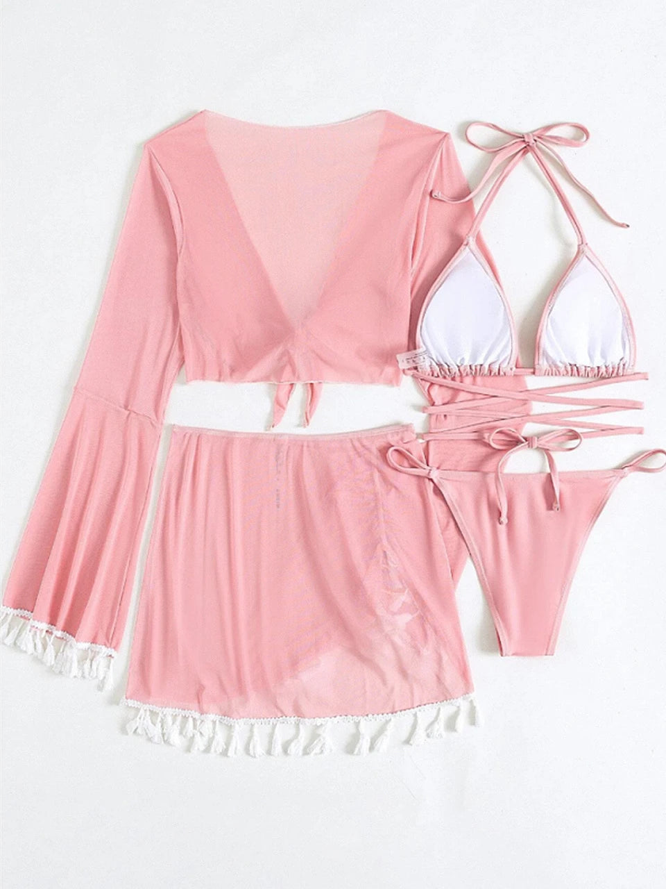 Sexy 4 Pieces Halter Bikinis Women Solid Swimwear Female Cover Up Swimsuit Long Sleeve And Skirt Bathing Suit Beachwear Summer