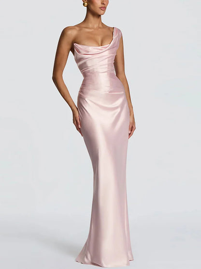 One Shoulder Satin Women 's Maxi Dress Cowl Neck Ruched Waist Bodycon Dresses 2026 Summer Woman Formal Evening Party Vestidos