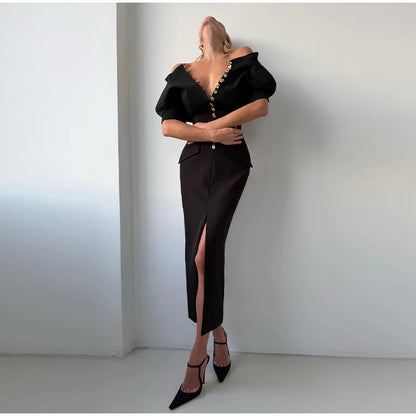Women's High Neck Bodycon Midi Dress Short Sleeve Gold Button Split Hem Dresses 2026 Female Elegant Formal Evening Party Robe