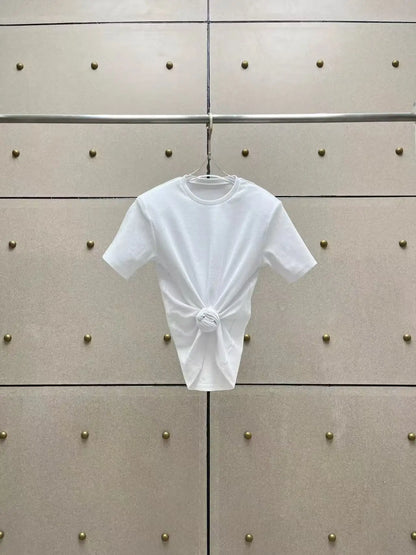Y2K knotted twist knitted threaded round neck Top women fashionable and versatile navel padded shoulder short-sleeved T-shirt