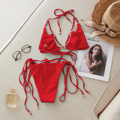 Brazilian Bikini Swimsuit for Women, Ring Linked Halter, Swimwear, Beachwear, 2025