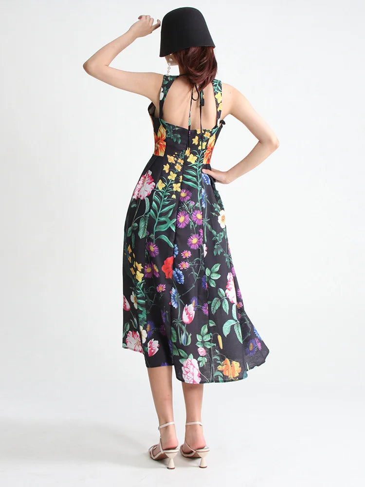 TWOTWINSTYLE Summer Loose Dress For Women Square Collar Sleeveless High Waist Print Colorblock Midi Dresses Female Clothing 2022