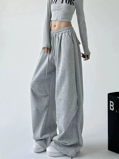 2025 New Harajuku Wide Leg Sweatpants Women Streetwear Baggy Oversize Gray Sports Pants Woman Drawstring Casual Joggers Trousers