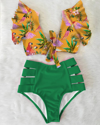 High Waist Ruffled Sexy Bikini Set 2025 Flounce Biquini Swimwear Women Two Pieces Swimsuit Floral Beachwear V-Neck Bathing Suit