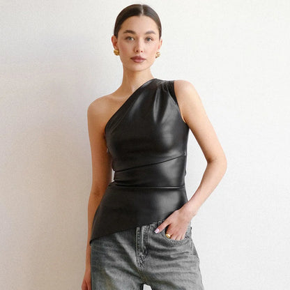 Solid color leather sleeveless irregular single shoulder sloping collar sexy slim zipper T-shirt